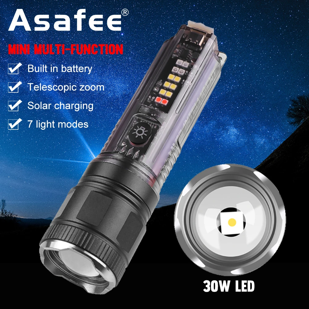 Mini EDC Flashlights X-36 30W/XHP50 LED Portable Torch Keychain USB Key Light Waterproof lighting Telescopic Zoom 7 Modes