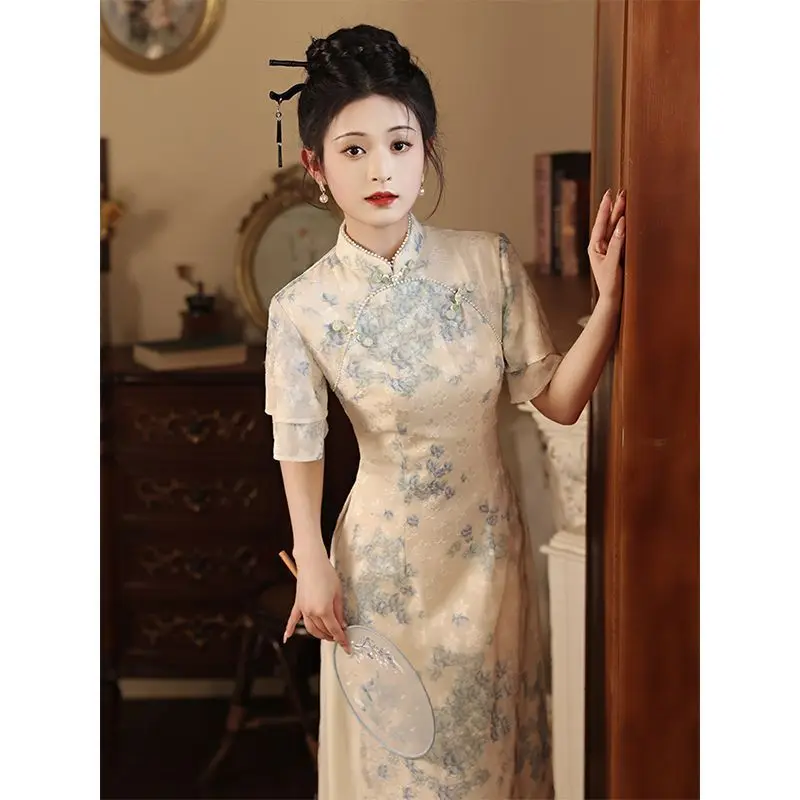 Improved Qipao 2024 New Summer Modern Chinese Style Blue Jacquard Short Sleeve Cheongsam For Women Youth Girls Long Party Dress