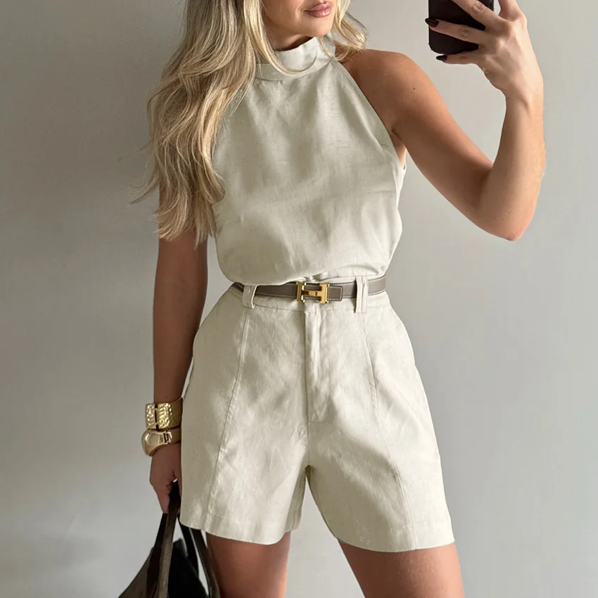 2025 summer new neck hanging vest, high waist wide leg pants two-piece set, personalized and fashionable