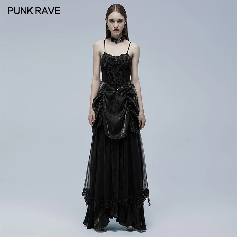 

PUNK RAVE Women's Gorgeous Gothic Bat Element Wedding Long Dress Burnt Velvet and Shiny Pleated Fabric Wide Hem Attractive