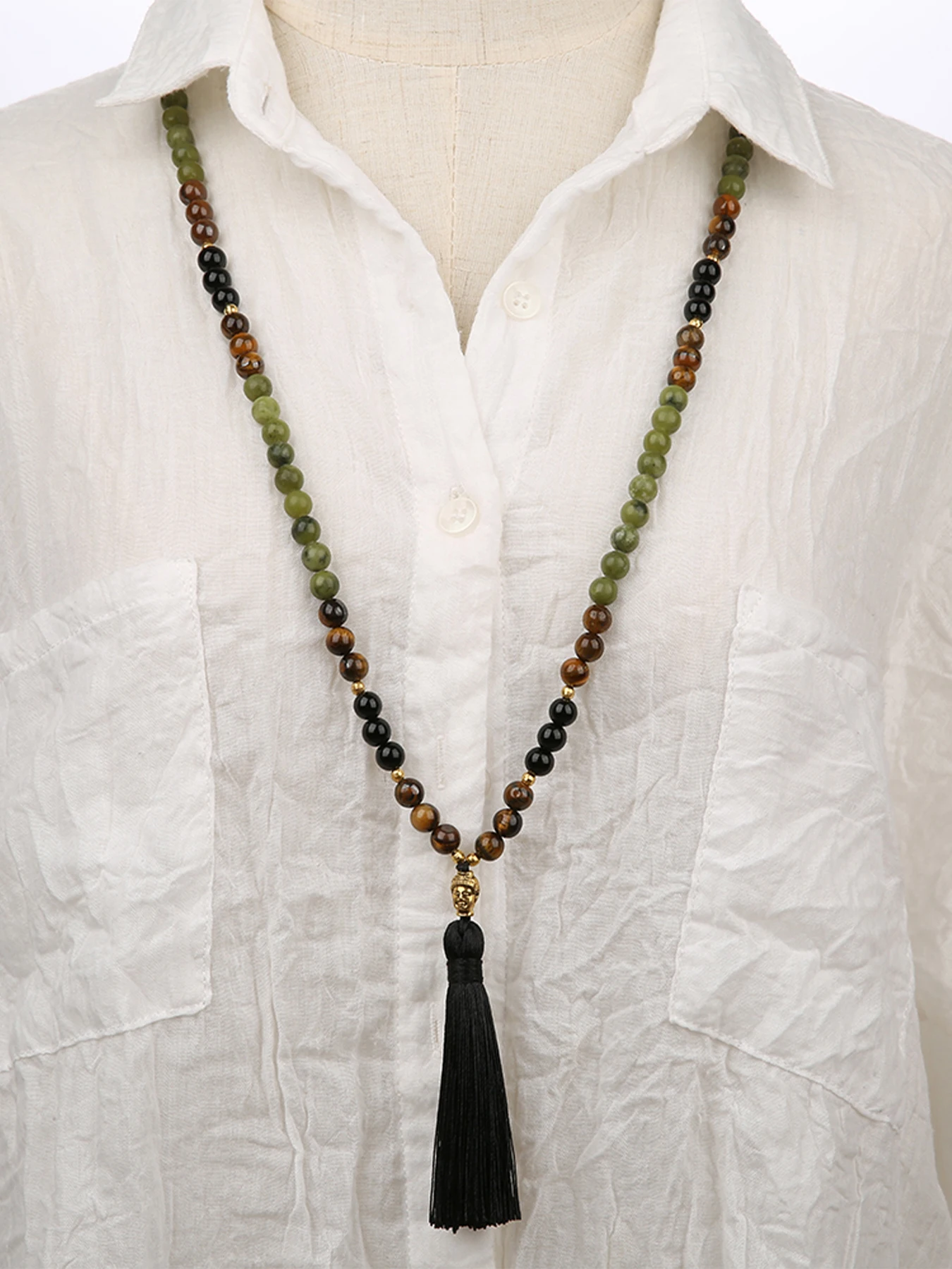 8mm Südlicher Stein Tigerauge Schwarzer Onyx Perlen 108 Mala Halskette Meditations-Gebetskette Schmuck – Detail 3