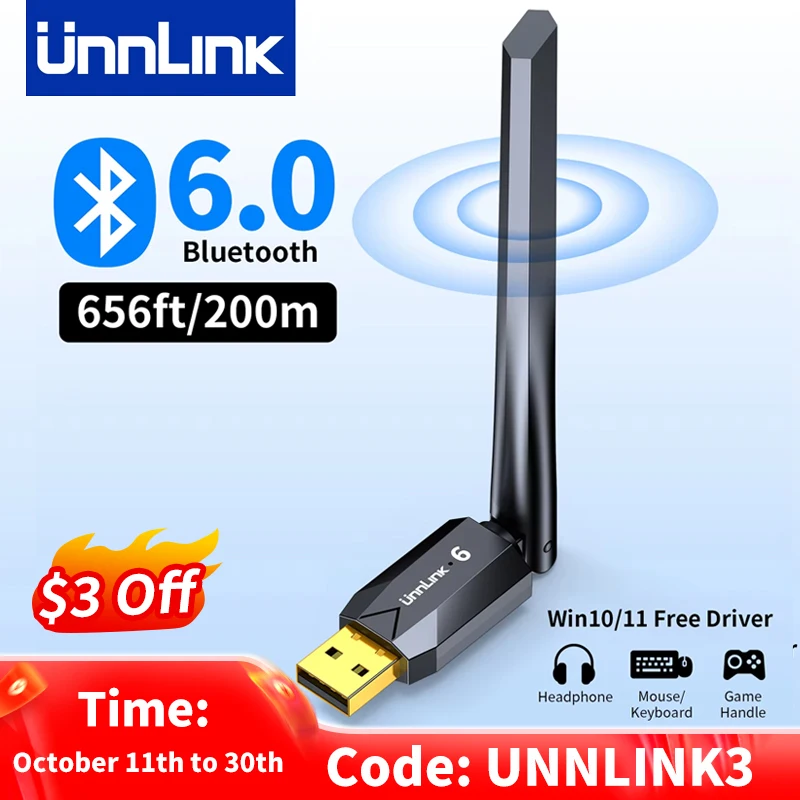 Unnlink Adattatore Bluetooth USB, Dongle Bluetooth 6.0 per PC Windows 10/11, Ricevitore Bluetooth per Mouse Tastiera Cuffie Altoparlante