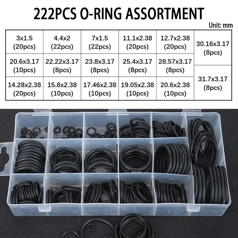 222pcs Rubber ORings Assortment Kit 17 Sizes Universal Washer Seal Ringer Gasket Set for Automotive Electronic Plumbing with Box