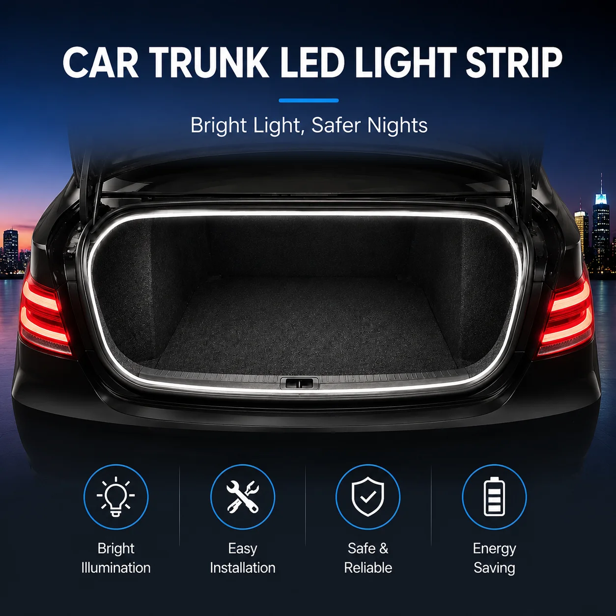 KCIMO Ultra-Bright Warm White LED Light Strip for Car Trunk Universal 12V Energy-Saving Tailgate Lamp Easy Installation