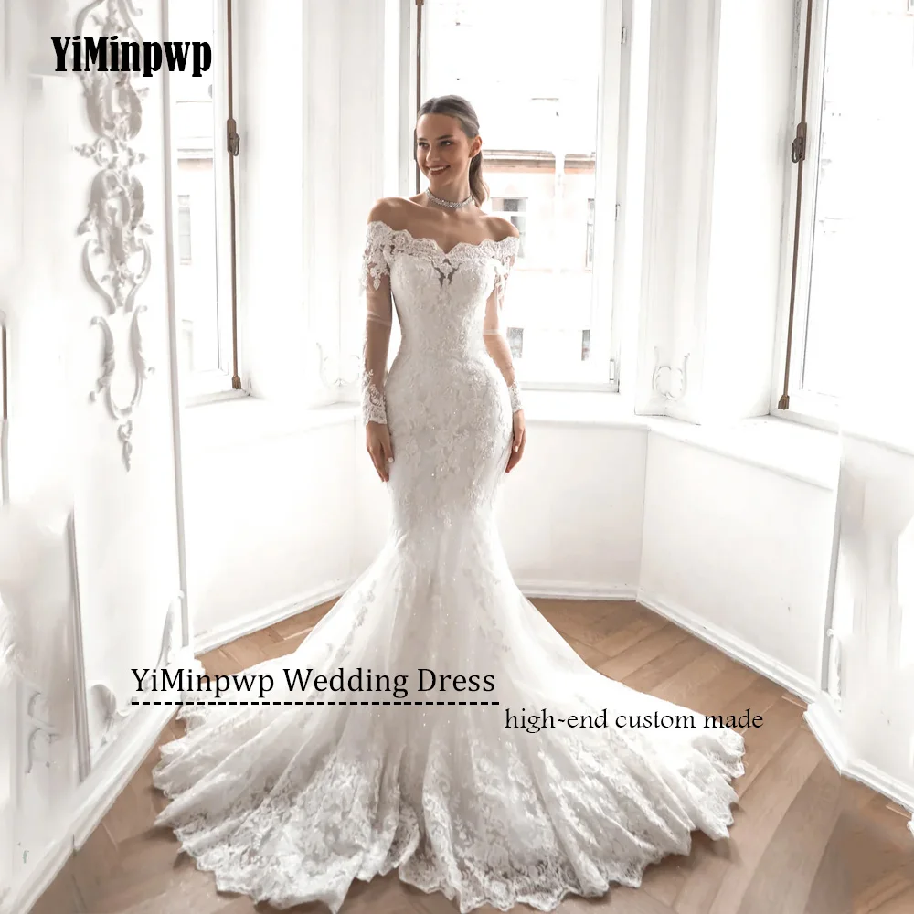 فساتين زفاف متألقة مكشوفة الكتف 2025 فاخرة بأكمام طويلة مزينة بقطار قابل للانفصال حورية البحر دانتيل فساتين العروس حسب الطلب