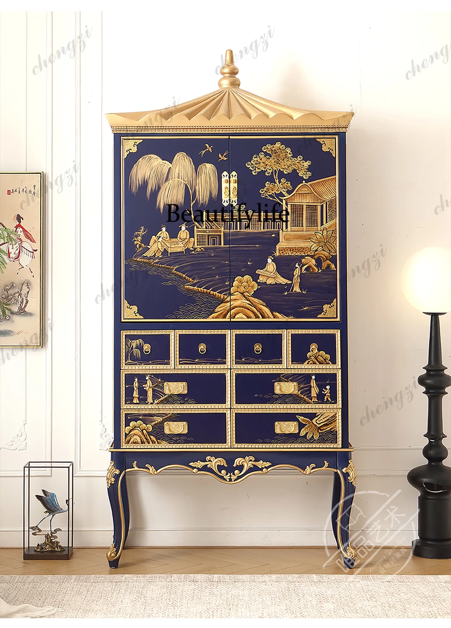 Villa French Chinese style living room high-grade solid  side cabinet wood double door high foot display wine cabinet