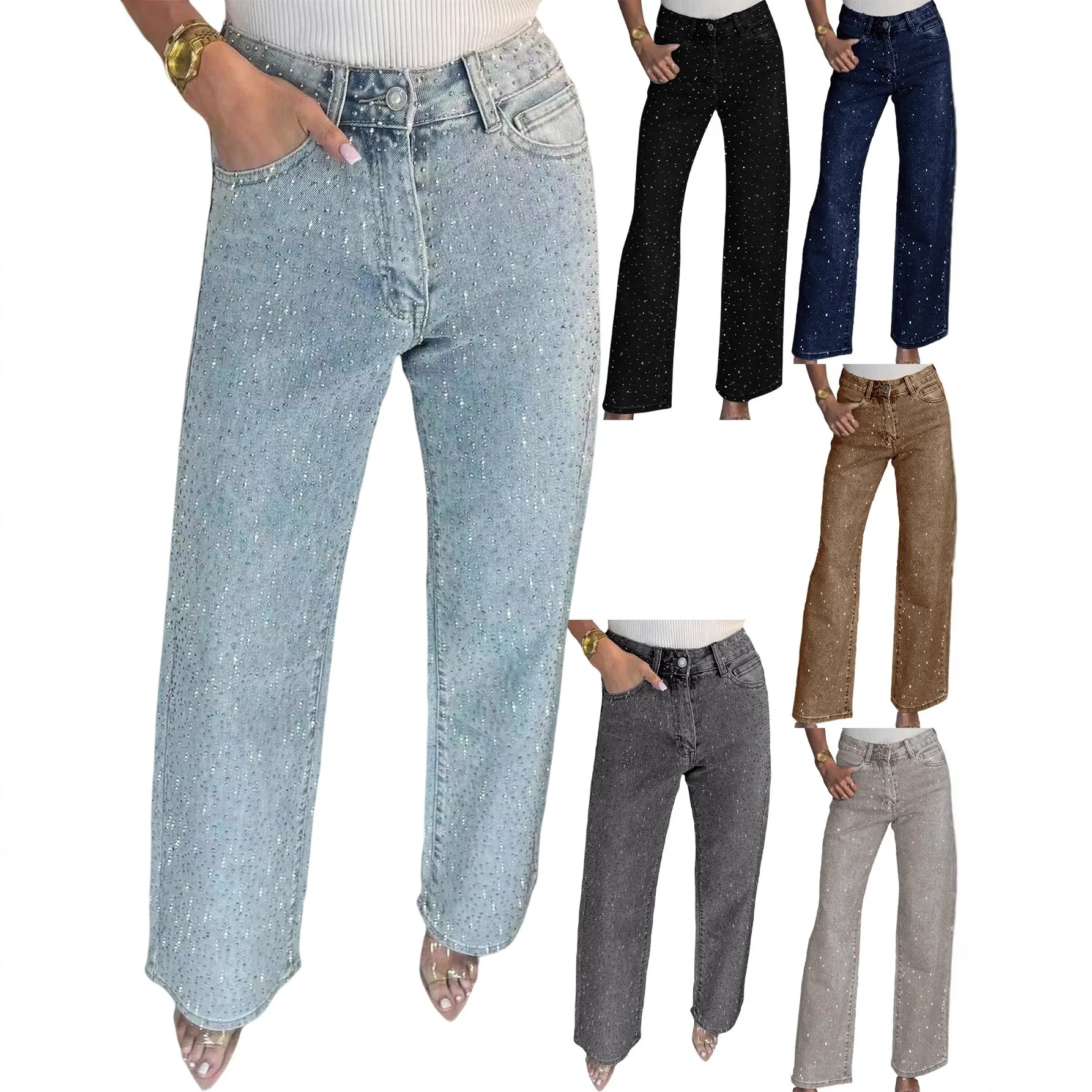 Long Pants Full Rhinestone Jeans Regular Fit Sexy with Cute Style Wide Leg Full Length Medium Rise Fresh and Sweet Women Jeans