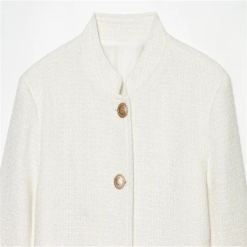 NINE ZAR Women's Short Jacket Coat Stand Collar Button Decor Long Sleeve Winter Fashion European Style Ladies Premium Clothing