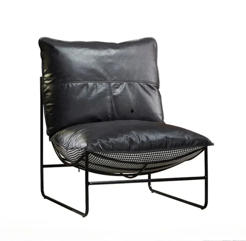 

Nordic retro modern thousand bird grid fabric cowhide double-sided wrought iron casual sofa chair leather recliner53