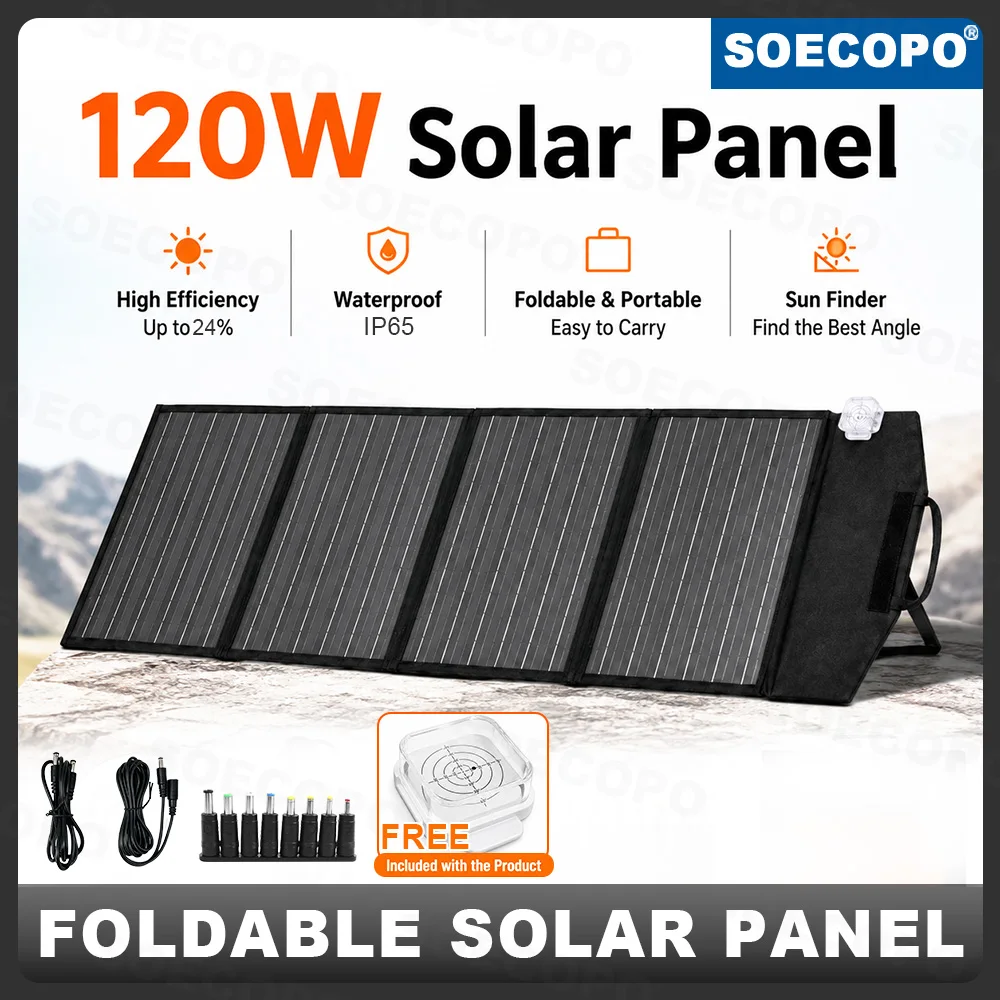 SOECOPO 120W Foldable Solar Panel Solar Charger USB Type C DC Output IP65 with Free Sun Angle Meter for Camping Power Station