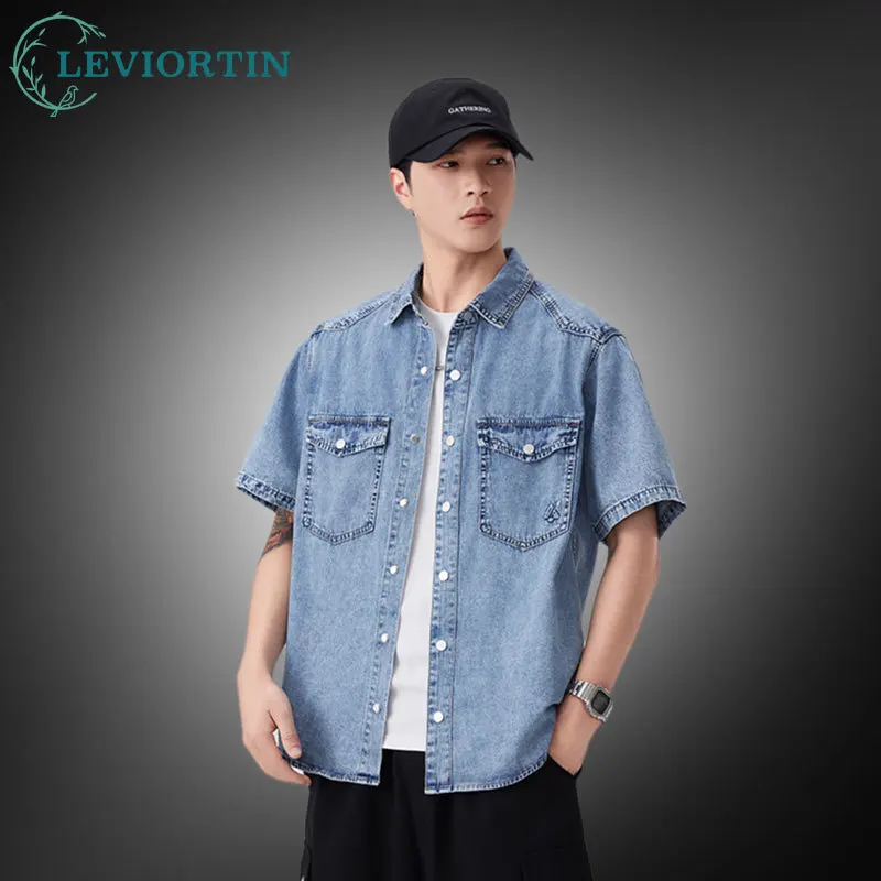 Men's Summer Snow-Washed Pure Cotton Denim Short Sleeve Shirt Vintage Breathable Comfortable Lightweight Casual Workwear Shirt