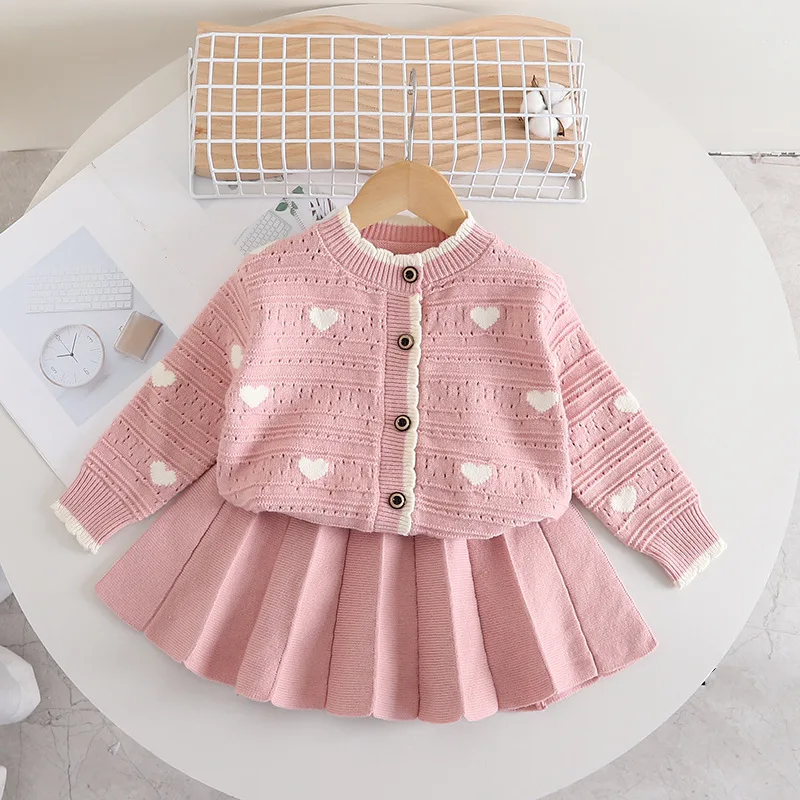 2024 New Autumn Korean Style Girls Clothing Set Sweater Knitted Warm Coat+Skirt 2 Piece Set Tracksuits For Kids 2 to 6 Years