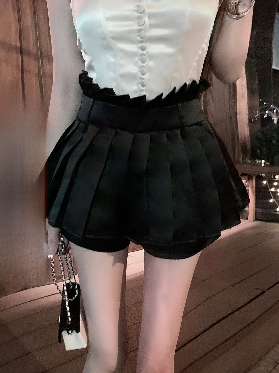 

High Waist Gingham Skirt Pants Viola Heart-Tobbing Spirit Pants Korean Sle A-Line ort Skirt Folded Hem Lurex