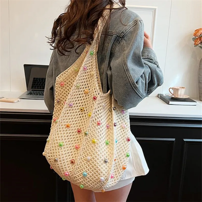 

Полая тканая сумка через плечо, сумки для покупок большой вместимости для женщин, пляжная сумка, вязаная вручную сумка с жемчугом