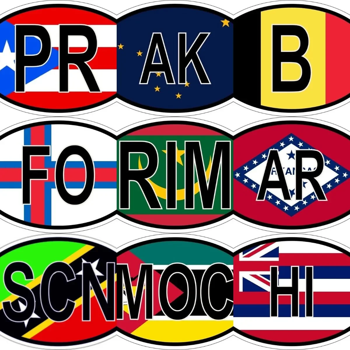 

PR Puerto Rico AK Alaska FO Faroe B Belgium AR RIM SCN MOC HI Hawaii National Flag Code Abbreviation Car Sticker