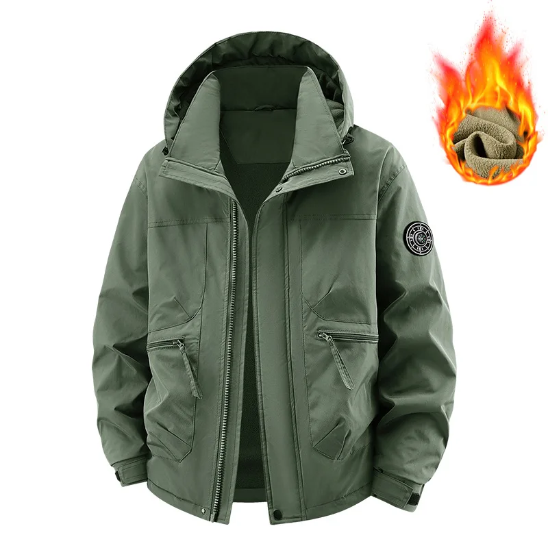 Man Cargo Jacket Winter New Thicken Warm Windproof Long Sleeve Male Hooded Coat Simple Solid Color Loose Casual Men Outerwear
