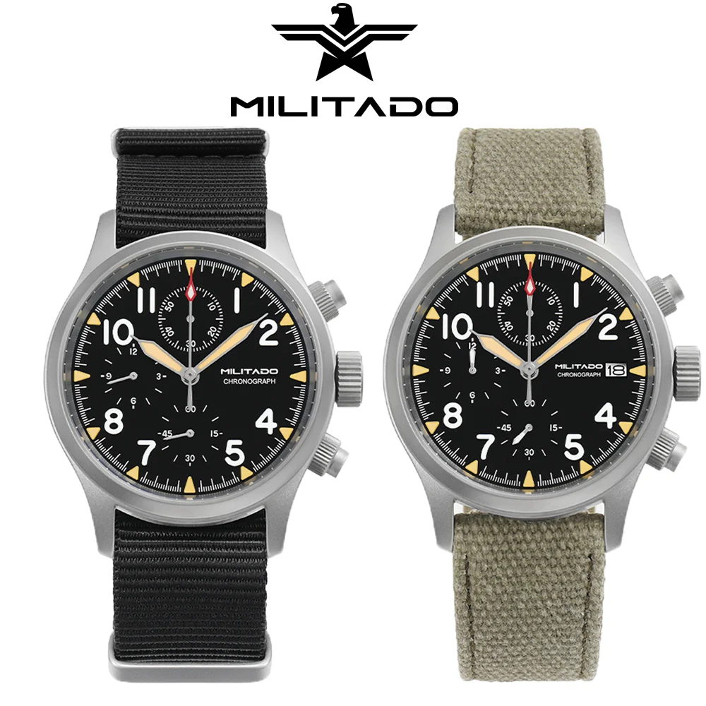 

Militado Chronograph VK61 Quartz Watch Swiss BGW9 Blue Luminous 100M Waterproof Retro Watches 39mm Vintage Military Wristwatch