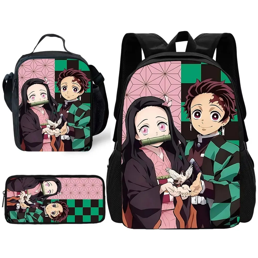 Anime D-demons Slayers Child School Backpack with Lunch Bags ,Pencil Bags ,School Bags for Boys Girls Best Gift