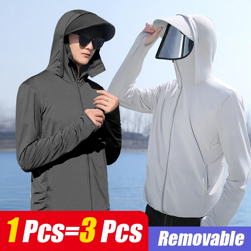 (L-3XL)Anti-UV Removable Hat Brim+Lens Camping Hiking Fishing Jacket Men Teens Cycling Running Sun-Protective Sport Coat