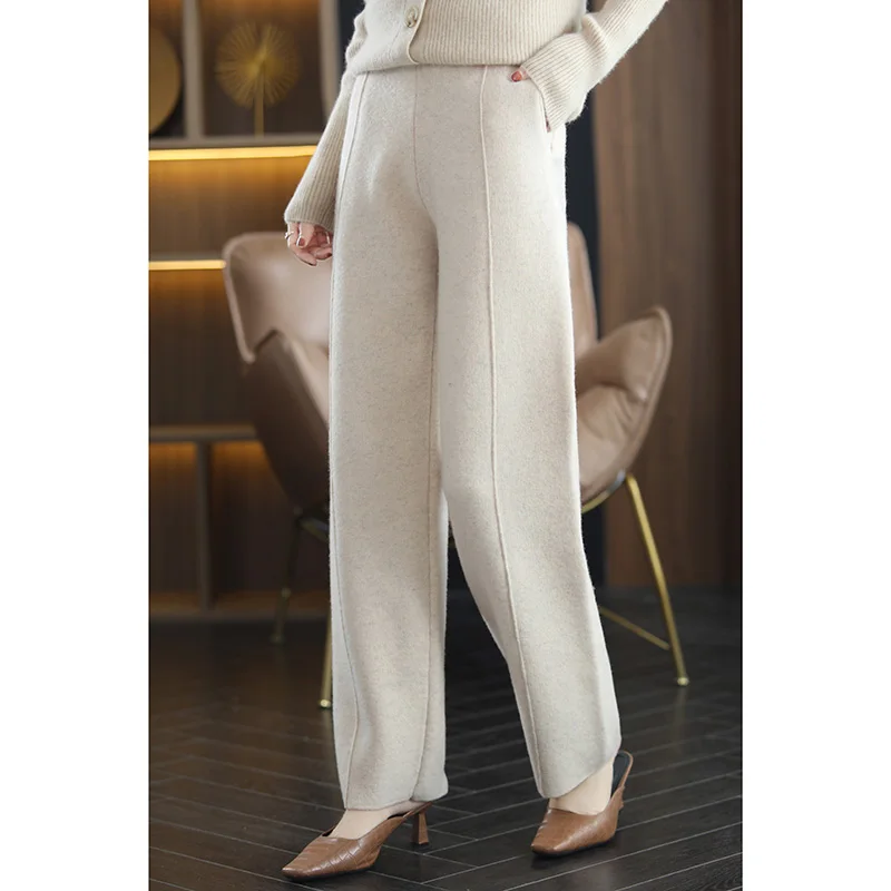 2022 Spring Autumn New 100% Pure Wool Cashmere Pants Women\'s High Waist Straight Pants Loose Casual All-match Knitted Trousers