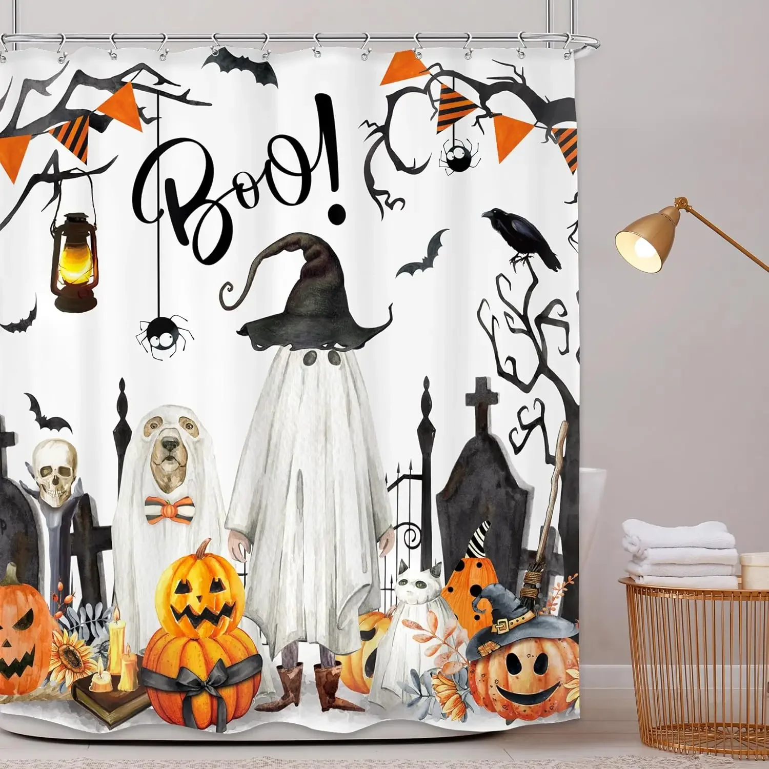 Halloween Scary Spooky Shower Curtain Pumpkin Bat Spider Scary Skeleton Holiday Gift Shower Curtains Bathroom Decor with Hooks