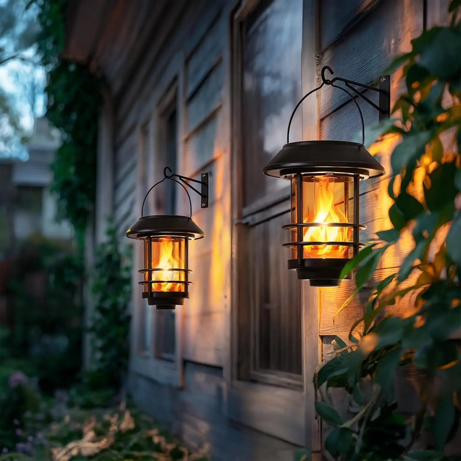 

Solar Lanterns Outdoor Waterproof, 2 Pack Flickering Flames Wall Garden Decor with Glass Shade, Hanging Solar Lights Wall