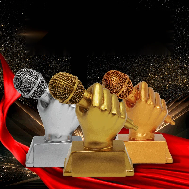 

Gold microphone Good voice singing music trophy Hosting speech eloquence debate competition trophy Resin trophy