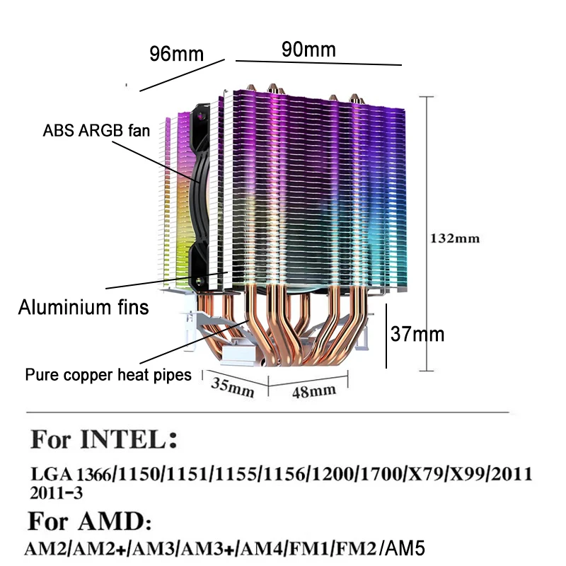 90MM ARGB CPU Cooler Fan RGB LED 6 Heat Pipes Silent Air Cooling Heatsink for Intel AMD Gaming PC LGA 2011 1366 1700 AM4 AM5