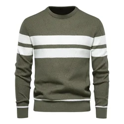 Pullovers Men Knitted Sweaters Round Neck Full Sleeve Tops Knit Striped Splice Regular Casual Simple Top Autumn Winter