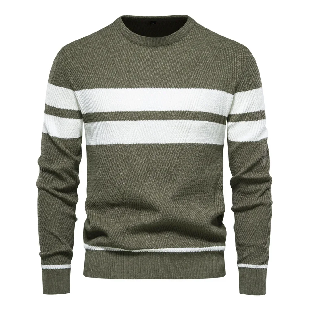 Pulowery Męskie Swetry z dzianiny Okrągły dekolt Topy z pełnym rękawem Dzianina w paski Splice Regular Casual Prosty top Jesień Zima