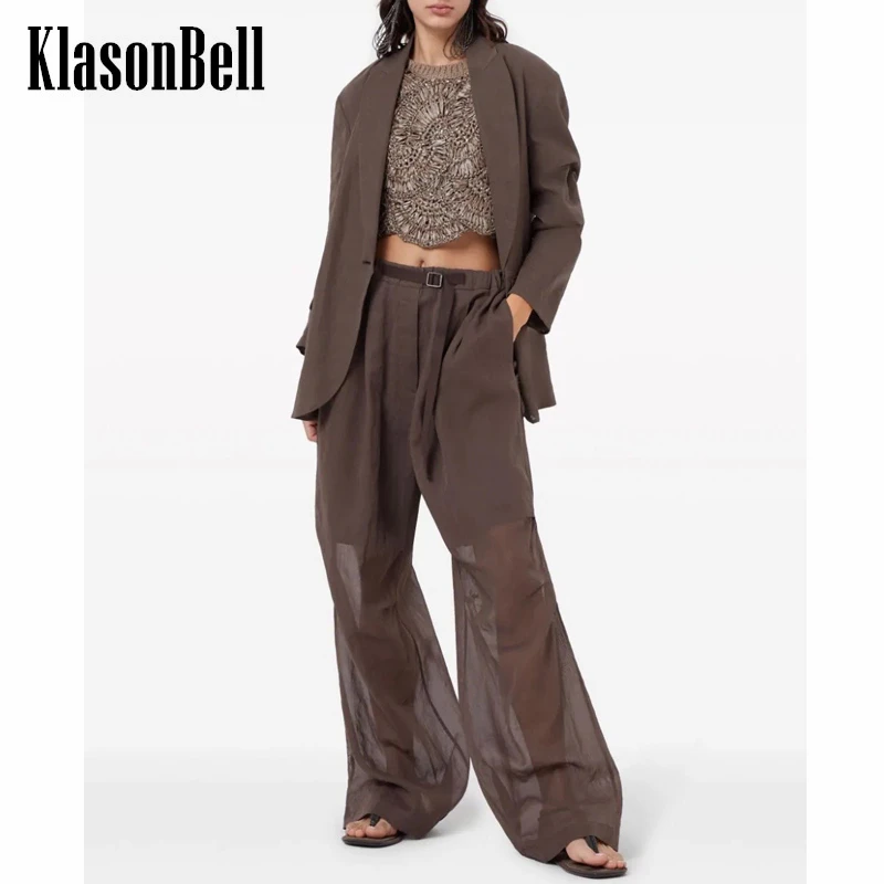 

4.17 KlasonBell New Women's 2 Piece Suit Notched Collar Single Button Blazer + Sashes Adjustable Half Sheer Wide Leg Pants Set