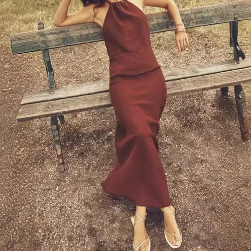 Imagen 2 del producto Conjunto de dos piezas para mujer, faldas largas por debajo de la rodilla de satén, sin mangas, con hombros descubiertos, Top corto Sexy de Color sólido, conjunto de falda acampanada de 2 piezas