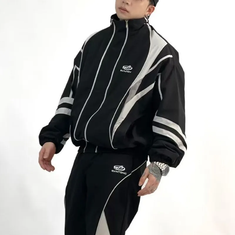 Double Zippers Jacket for Men Pacthwork Windbrekaer Man Spring  Autumn Thin Y2k Jacket Outerwears Women Vintage 90s Clothes