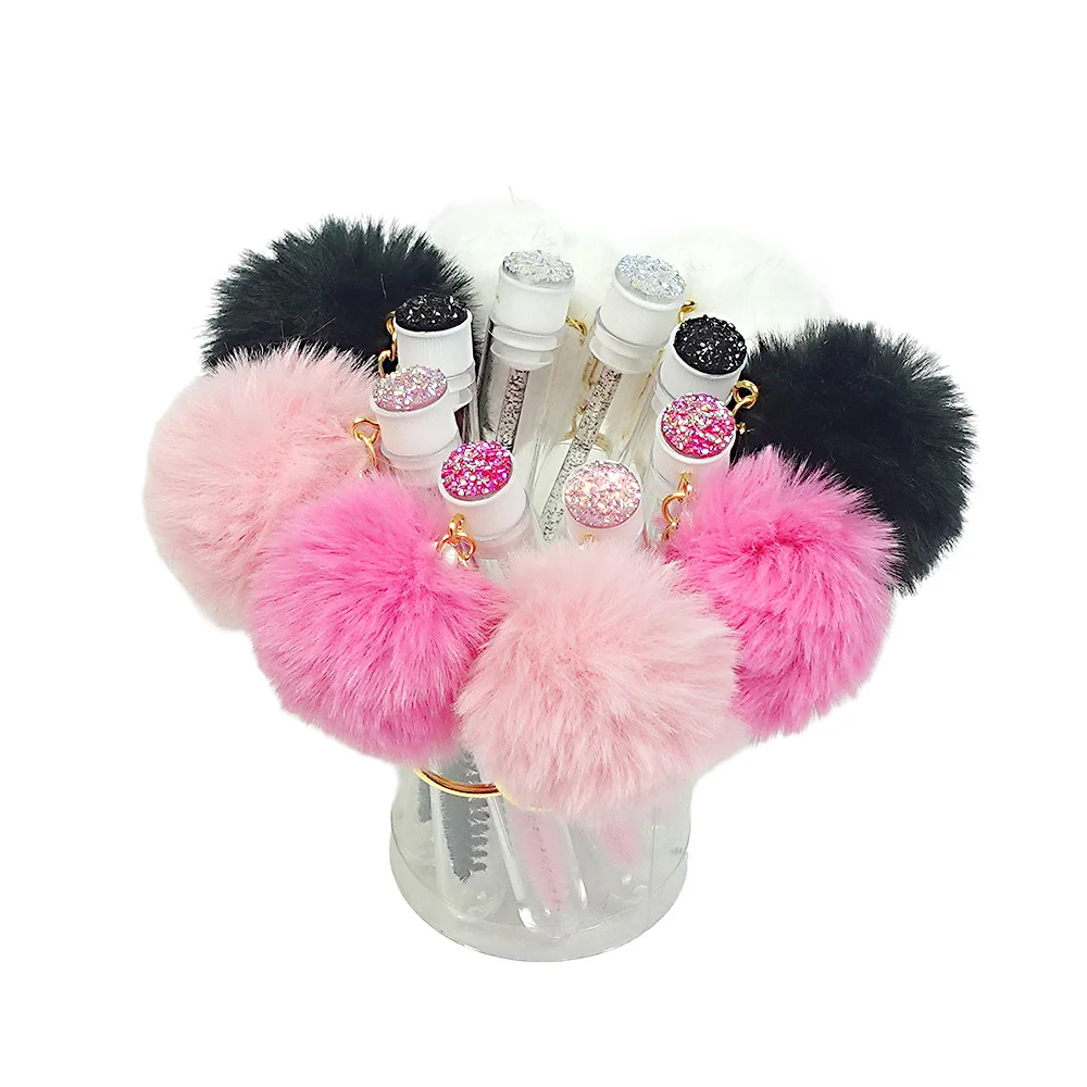 Eyelash Brush with Keychain Mascara Wand with 4cm Fur Ball For Lash Extension Micro Comb in Tube for Lash Cleaning Makeup Tool