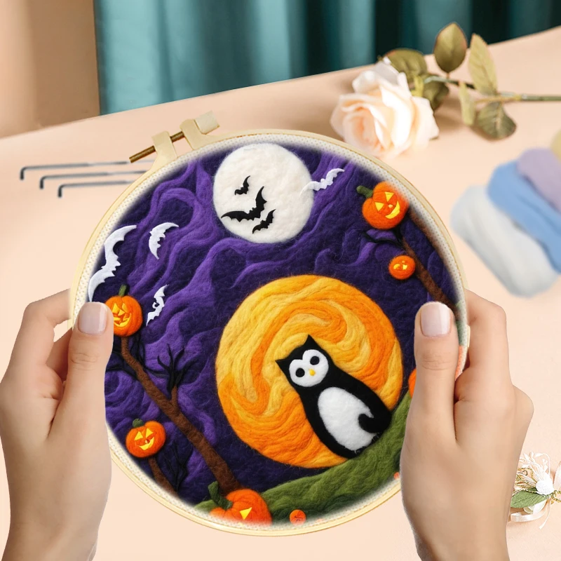 GATYZTORY Diy Wool Felting Painting Kit With Frame Handmade Needle Wool Painting Pumpkin Bat For Home Decors Halloween Gift