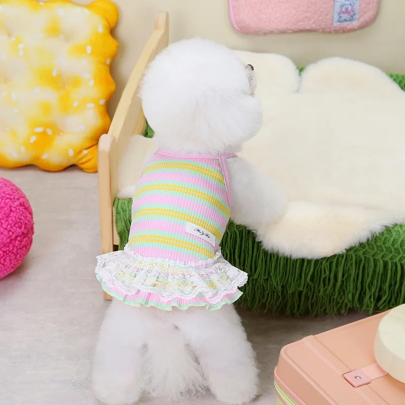 Welpen-Sommerkleidung, Haustier-Outfit, Spitze, gestreift, Hundekleid, Katzenweste, Chihuahua, Bichon, Yorkie, Hosenträgerrock, niedliches Hunde-T-Shirt – Detail 11