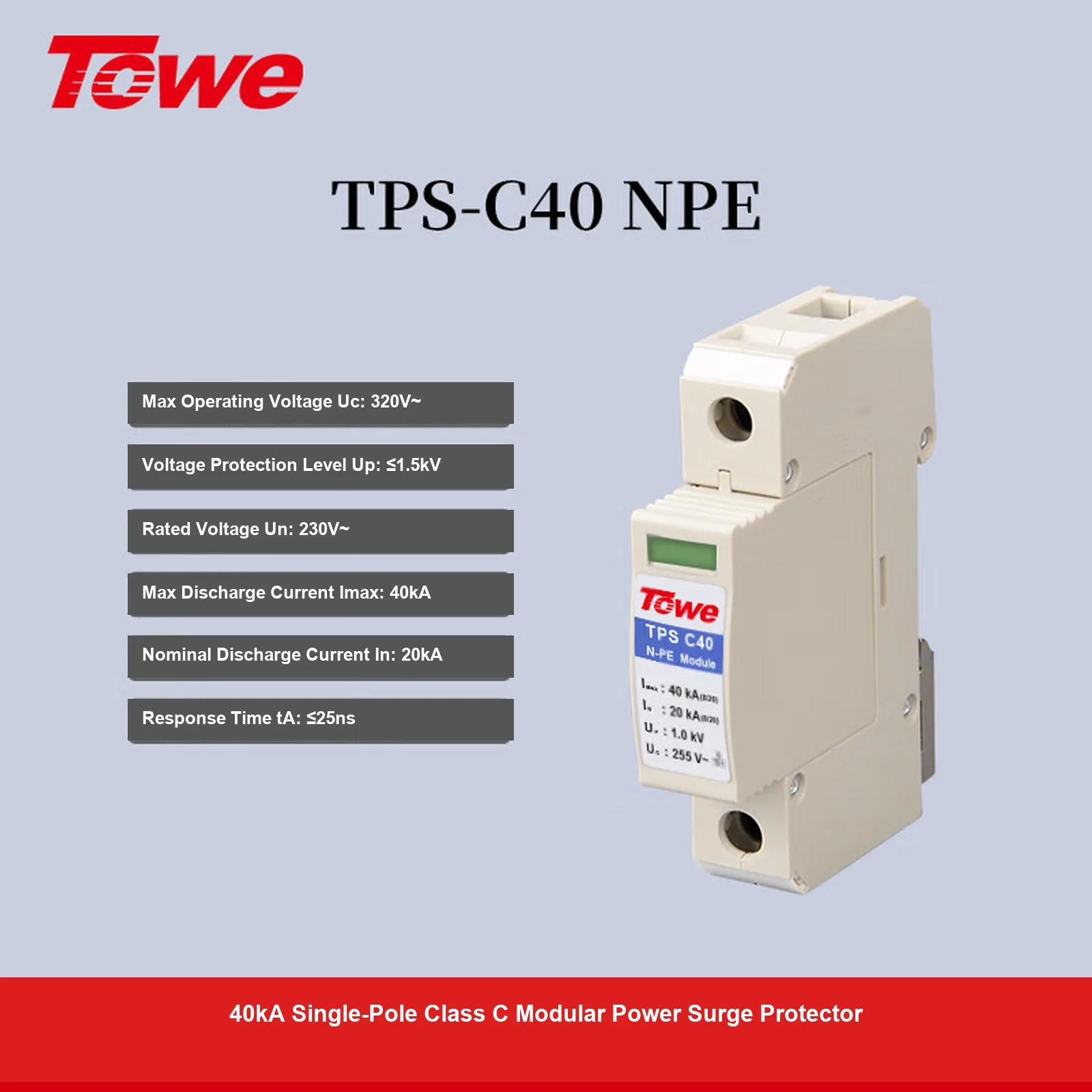 TOWE Type 2 SPD Surge Protective Device 40kA Class C Surge Protector 385V Modular DIN Rail 1P+N 3P 4P for AC 230/400V