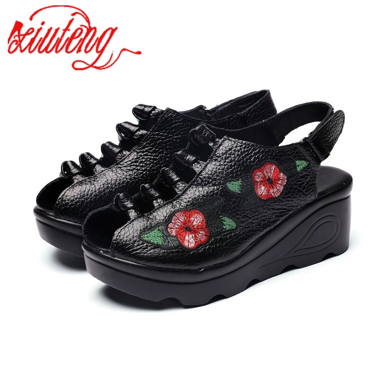 Xiuteng 2022 Summer Thick Bottom Sandals Wedge Fish Shoes Waterproof Platform 7cm High Heel Genuine Leather Shoes Embroidery