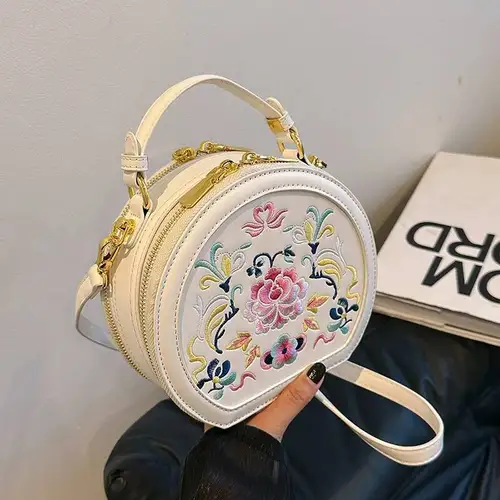 Imagen 2 del producto MOTAORA Bolso de hombro redondo pequeño para mujer, bolso floral bordado de cuero hecho a mano para adolescentes, bolsos cruzados