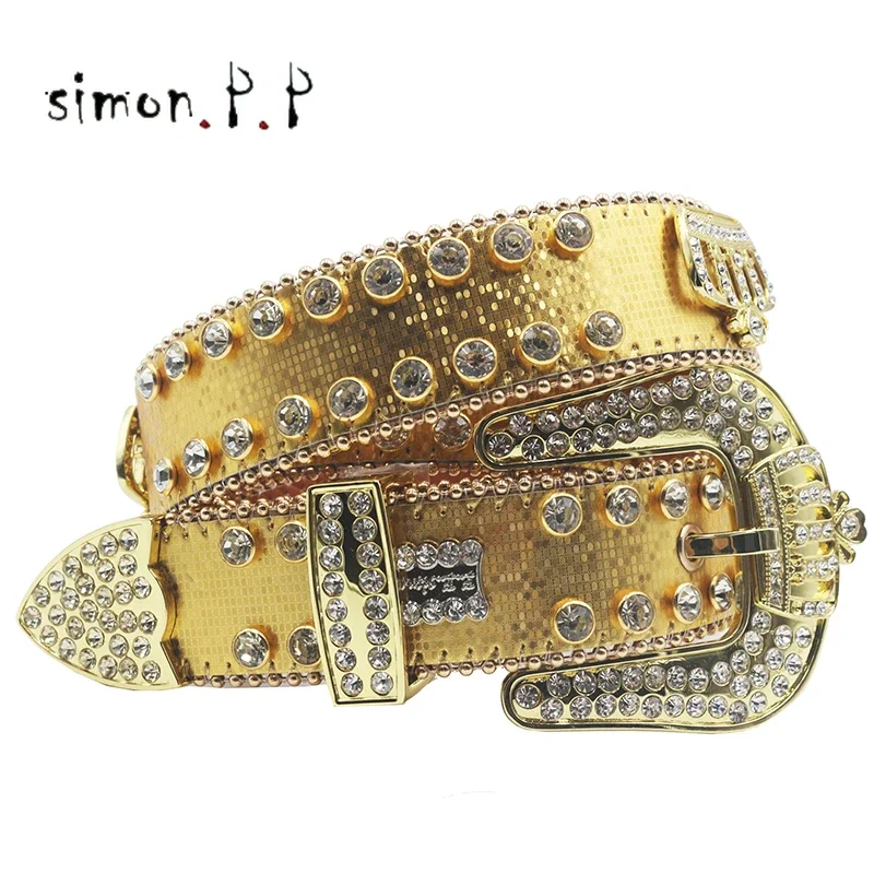 

Brand Punk Dark Western Rhinestone Belts For Women Fashion Luxury Strap Diamond Bling Studded Men Belt Crown