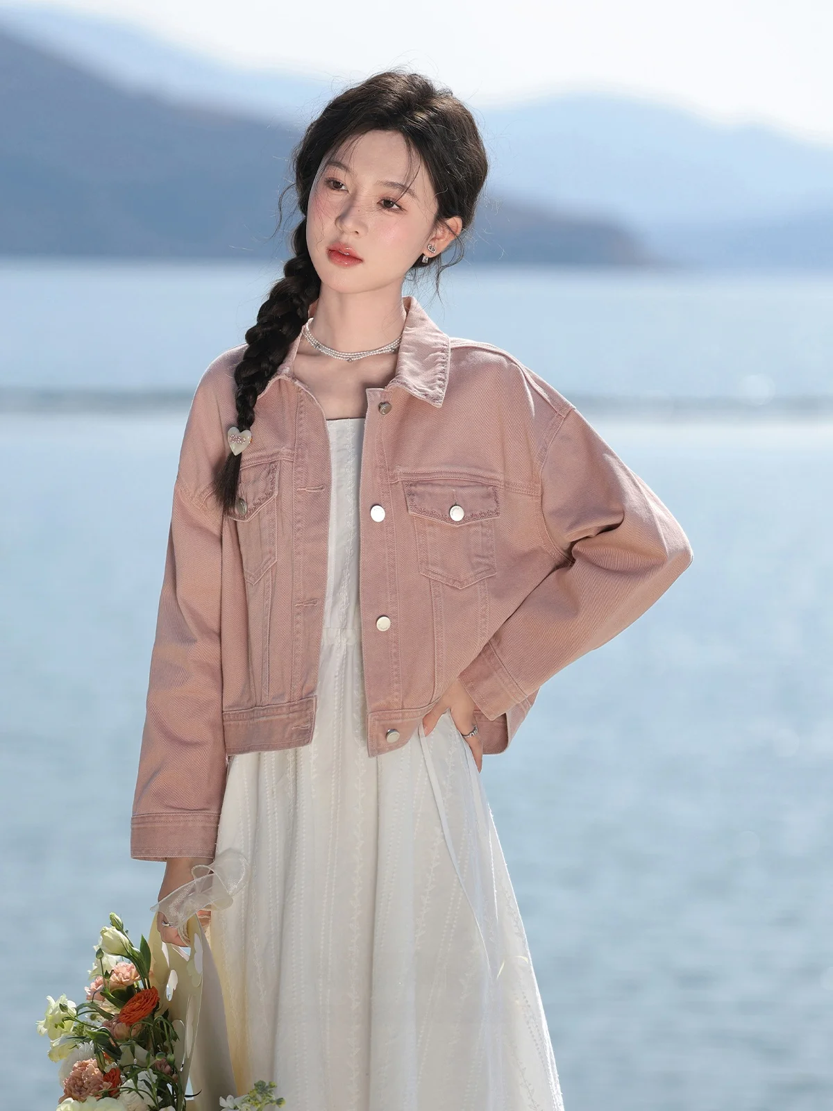 

South Deer 'Heart Tob Love Song' Pink Slimming Denim Jaet 2026 Early Spring Women's Faion oulder-Length Outerwear