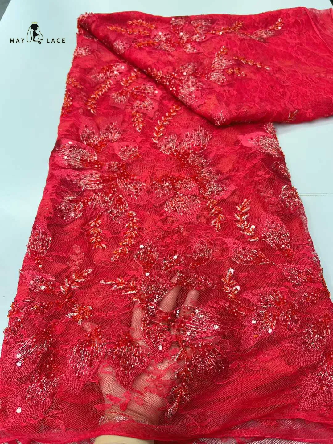 

Red African Beaded Mesh Embroidered Lace Fabric 2026 Elegant French Bridal Sequined Lace Fabric Bridal Party Wedding Dress Gown