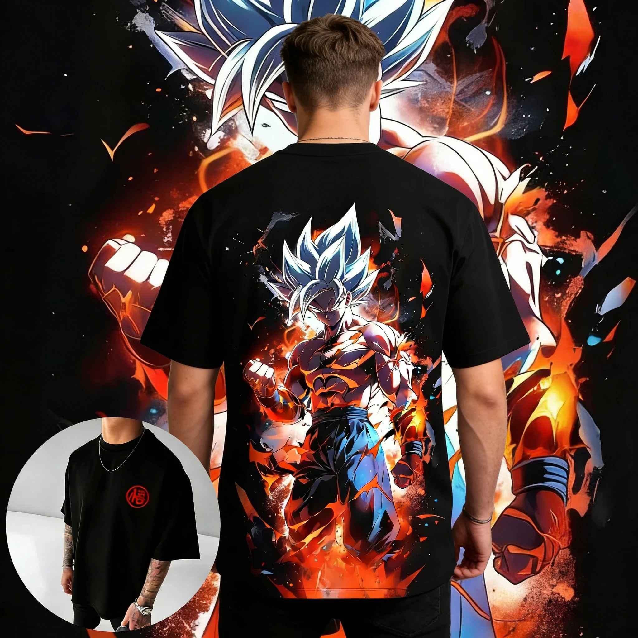 

2026 Summer Dragon Ball Super Saiyan Blue Goku Flame Burst Vintage Anime T-shirt Men's Pure Cotton Casual Loose Sports Daily Top