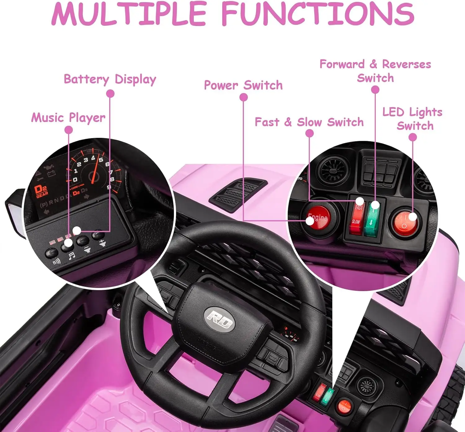 12V 어린이용 전동차, 유아용 전기차, 리모컨 포함, 3단 속도, LED 조명, 음악 및 USB 포트, 배터리 구동