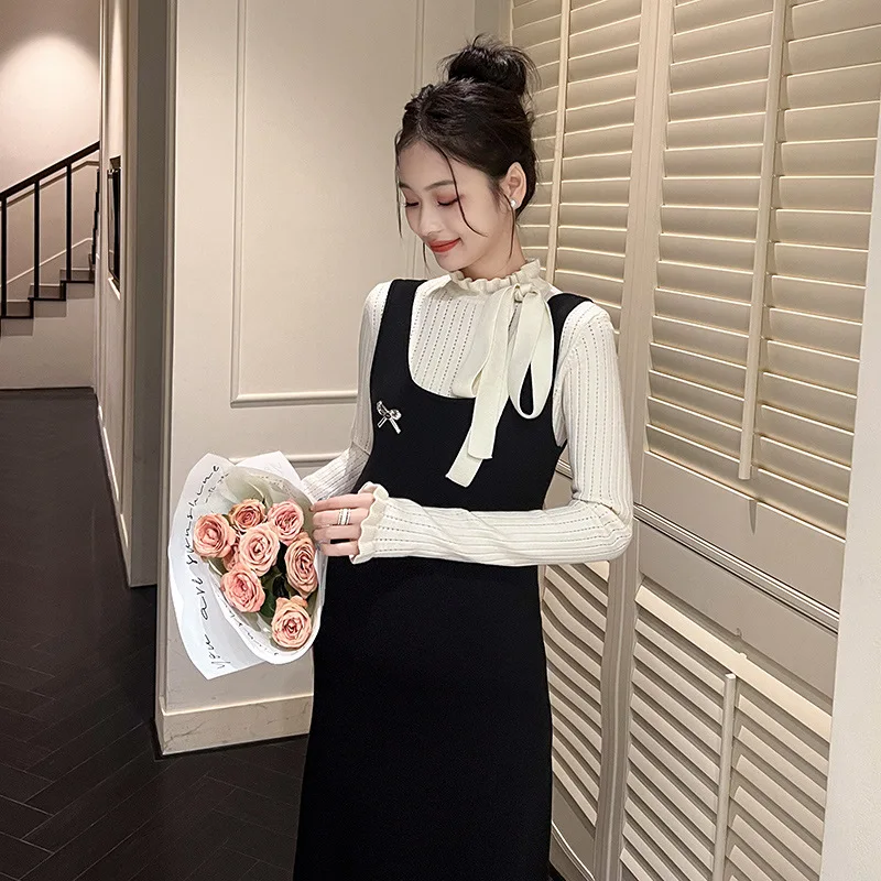 Vestido de embarazo de estilo francés, suéter de punto falso de dos capas, traje de maternidad elegante, sofisticado y cómodo, otoño