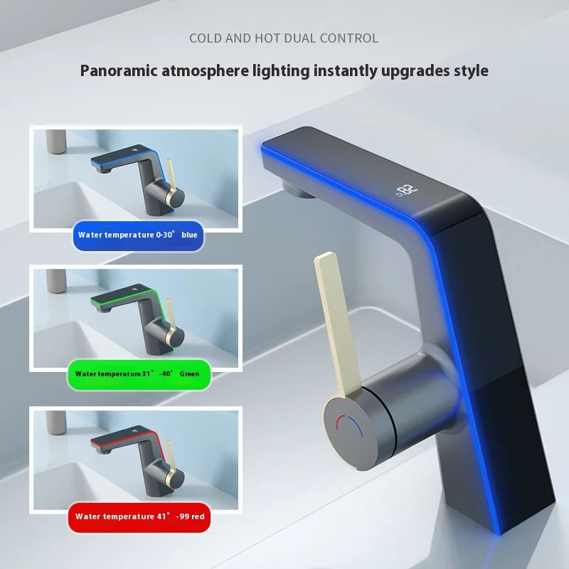Keran Wastafel Kamar Mandi Tampilan Digital - Abu-abu, Air Panas Dingin, Di Bawah Pemasangan, Lubang Tunggal, Keran Rias dengan Indikator Suhu