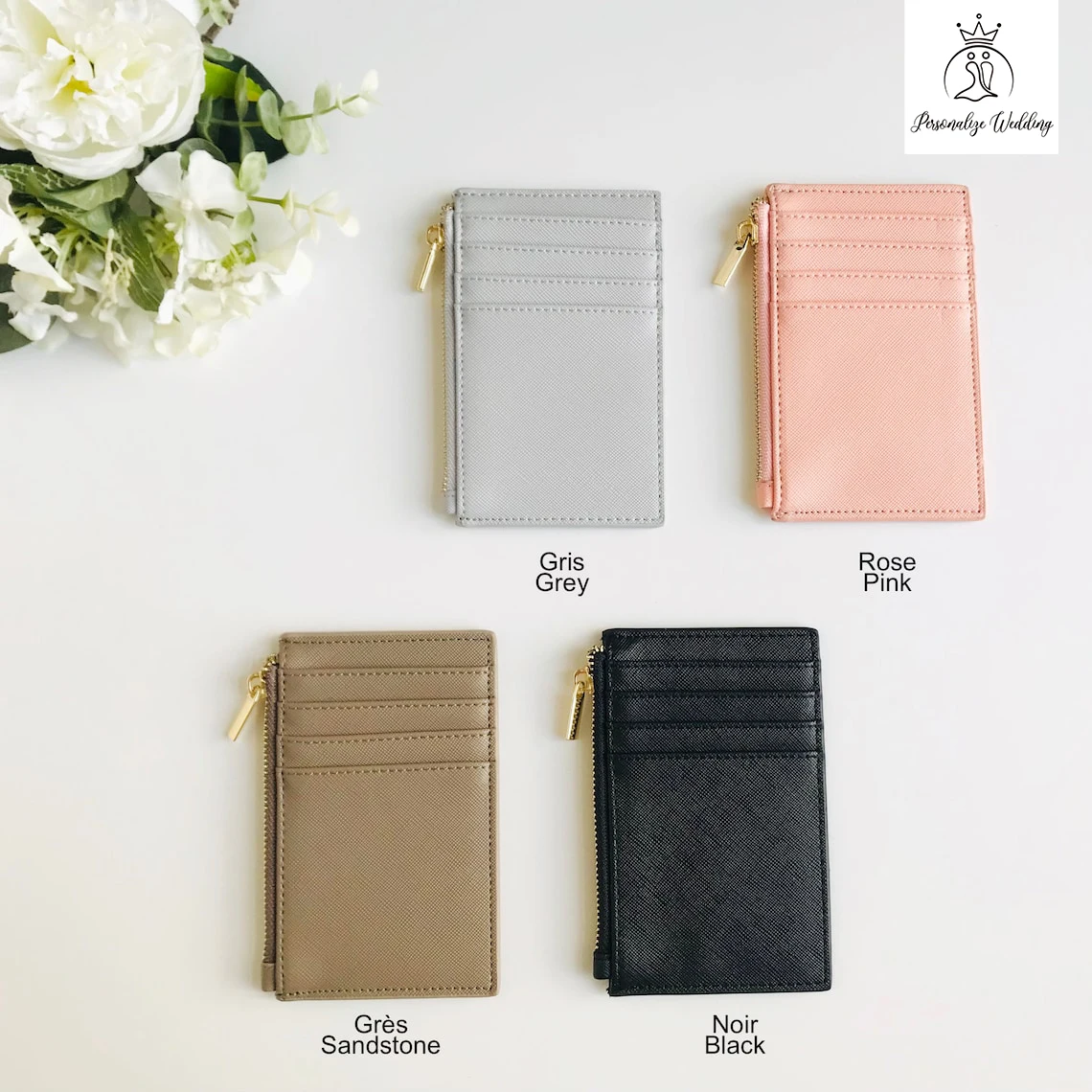 Personalized card holder with zip, Vegan leather card holder, monogram card holder, Bridesmaid gift, custom coin purse wallet