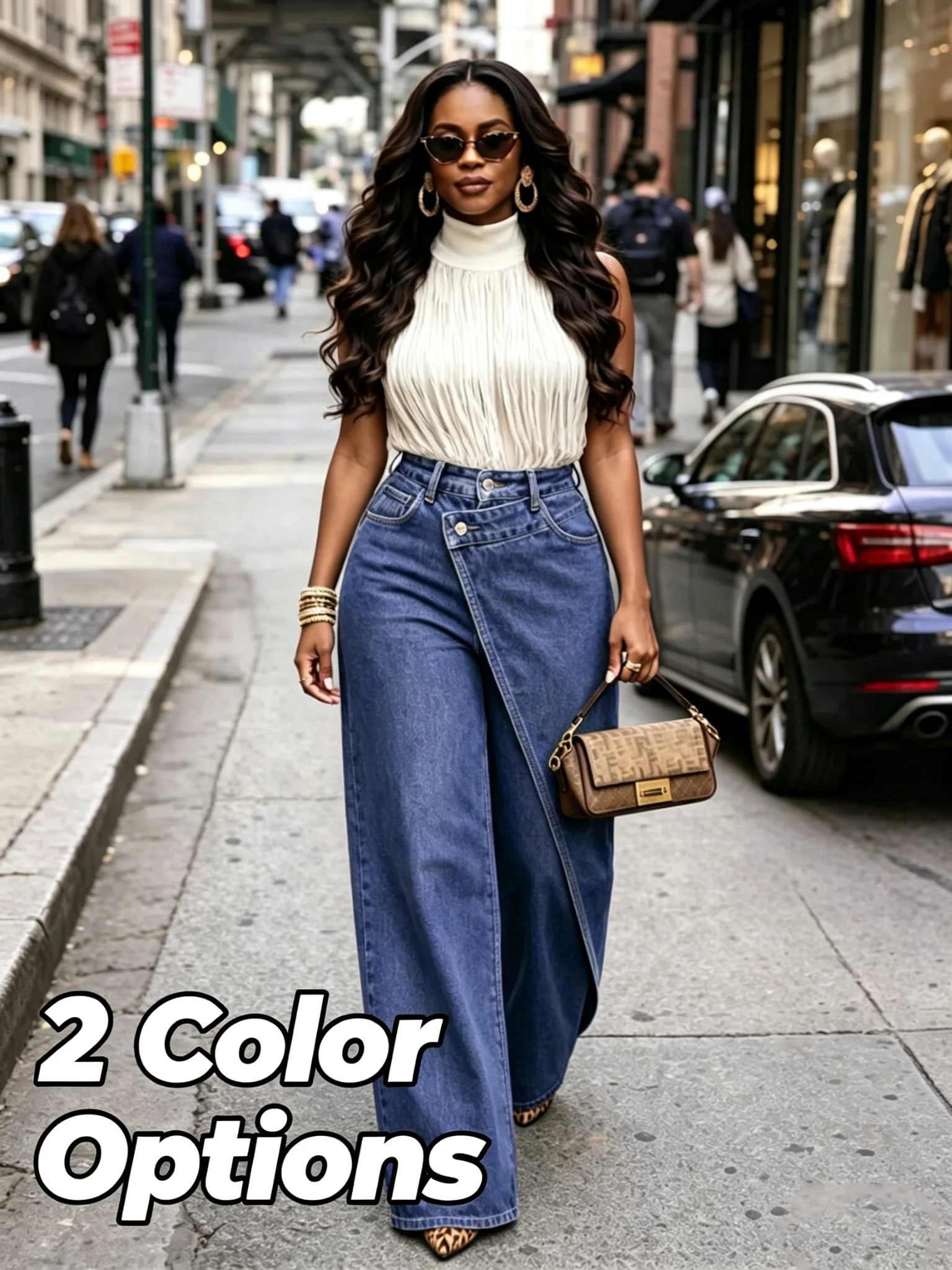 2026 New Women High Waist Wide Leg Jeans Asymmetrical Wrap Front Design Loose Straight Denim Pants Casual Office Wear Trousers