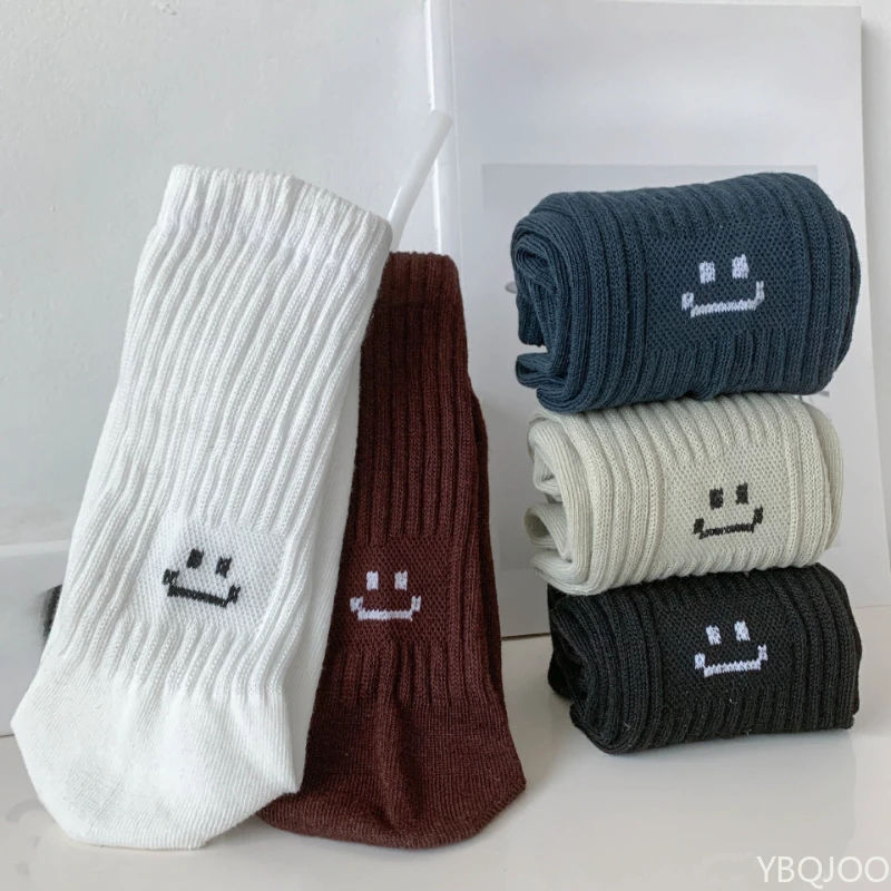 5 pairs of women's knitted solid color mid tube socks thick thread women's socks cute smiling face trendy breathable socks