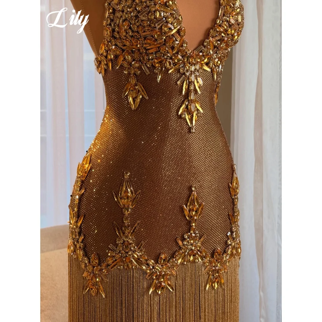 Lily Gold Prom Dress Luxury Heavy Rhinestone Crystal Embellished Evening Dress Long Beaded Fringe Tassel Party Gown Customized image 4
